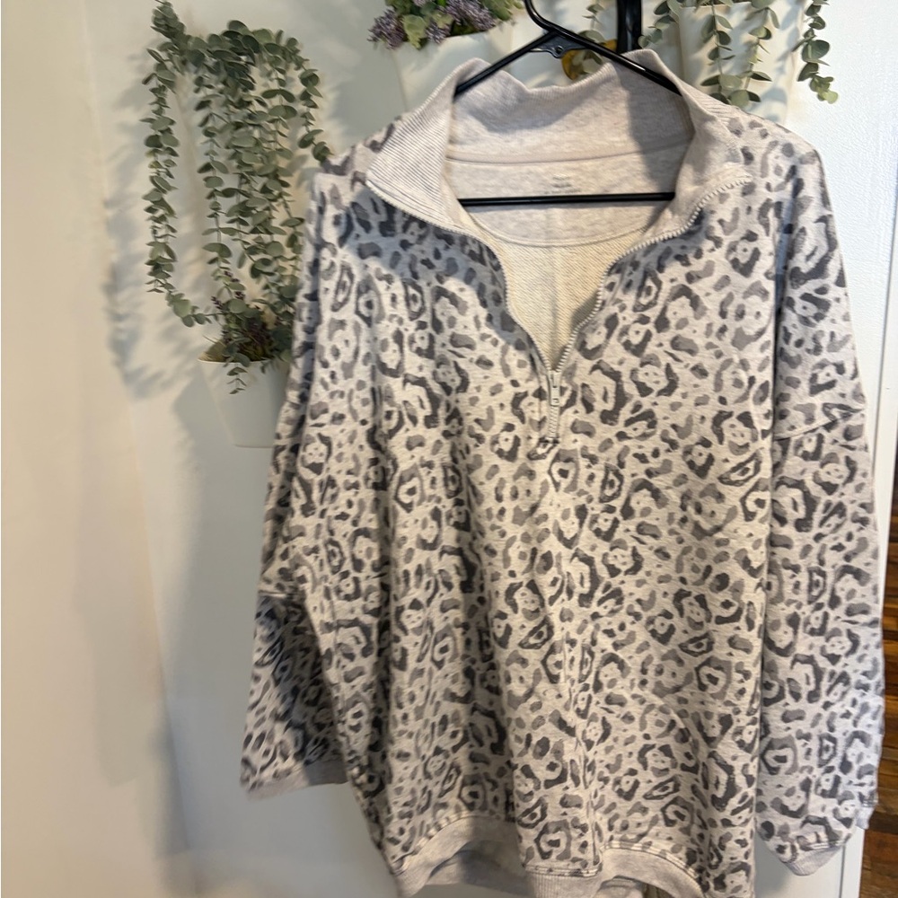 Aerie Light Gray Leopard Half-Zip Pullover